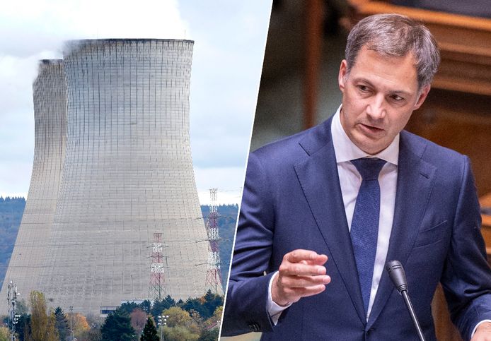 Premier Alexander De Croo (rechts) en de kerncentrale in Tihange.