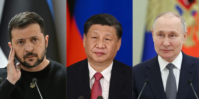 Fotomontage. De Oekraïense president Volodymyr Zelensky, de Chinese president Xi Jinping en de Russische president Vladimir Poetin.