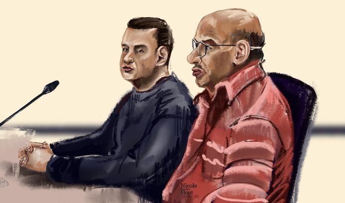 Tekening van vader Dwarka B. (R) en broer  Manodj B. in de rechtbank.