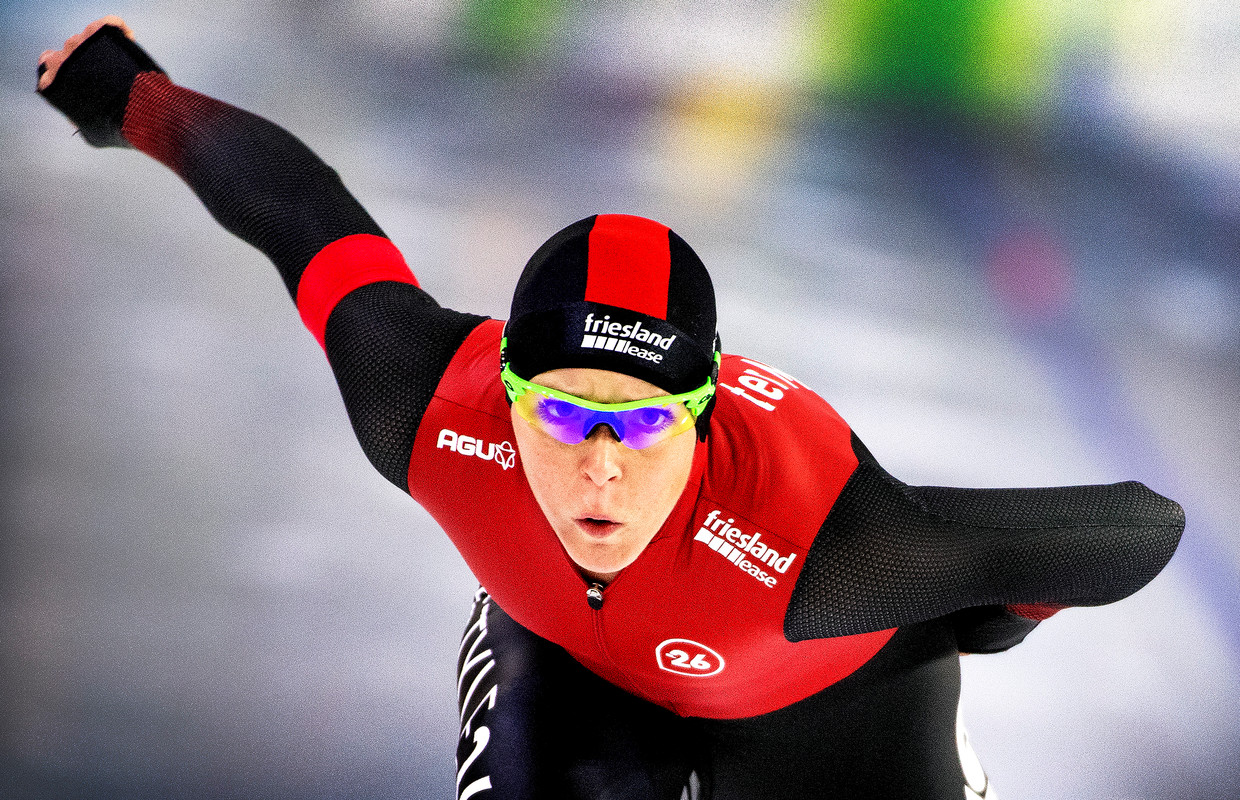 Jorien ter Mors tijdens de 1.000 meter. Ze wint de afstand, net als de 500 en 1.500 meter.