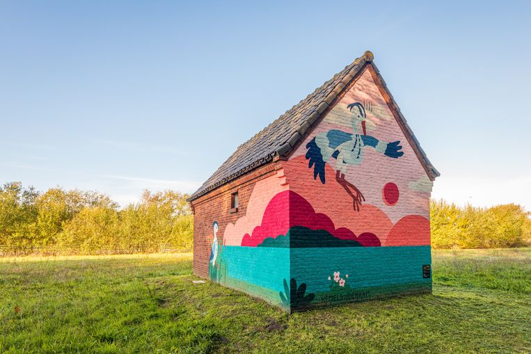 Muurschildering op elektriciteitshuisje, vlak bij het Liesbos, bij de boer. Het kunstwerk is gemaakt in overleg met Wijkraad De Rith vanwege Blind Walls Gallery door beeldend kunstenaar Heavenleigh Jeroense, ook bekend als ‘Hemels is de naam’. Beeld ANP / Ruud Morijn