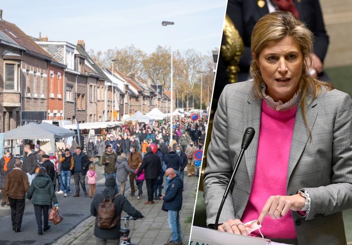 Wie naar de markt gaat, zal vanaf zondag maar per twee ontvangen worden. De regel geldt ook voor jaarmarkten, braderijen, brocante- en rommelmarkten, en kermissen, meldt minister van Binnenlandse Zaken Annelies Verlinden (rechts).