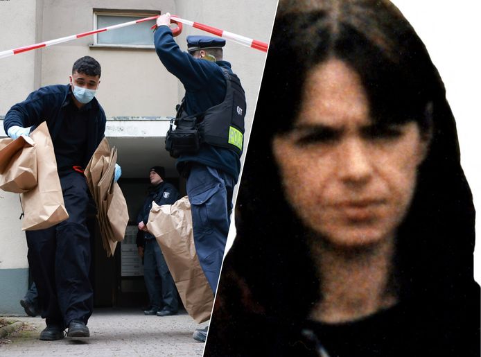 RAF-terrorist Daniela Klette (rechts) en het onderzoek bij haar appartement in Berlijn.