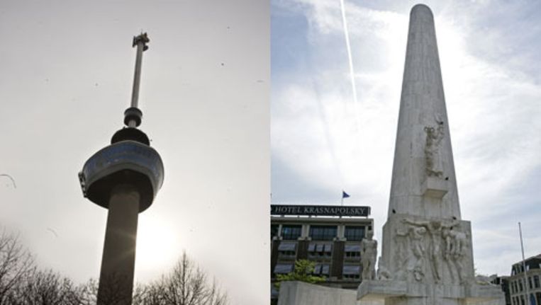 Rotterdammers wentelen zich graag in de underdogpositie. Links de Euromast in Rotterdam, rechts het monument op de Dam in Amsterdan. Foto's ANP Beeld 