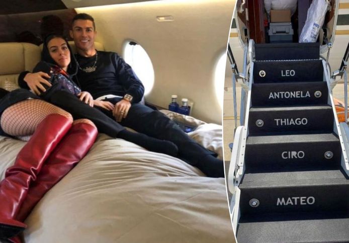Links Cristiano Ronaldo en zijn Georgina op hun peperdure privéjet, rechts het trapje van die van Lionel Messi.