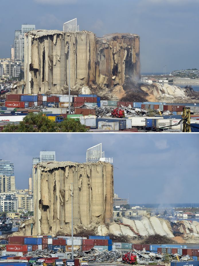 Bovenste beeld: de graansilo’s die door de ontploffing in 2020 zwaar beschadigd raakten op 22 augustus 2022. Onderste beeld: De graansilo’s na de instorting op 23 augustus 2022.