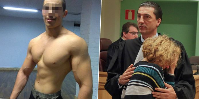 De 20-jarige Antwerpenaar Elias K. werd dodelijk getroffen. Rechts: de moeder is zwaar aangeslagen na de uitspraak en zoekt troost bij meester Kris Luyckx.