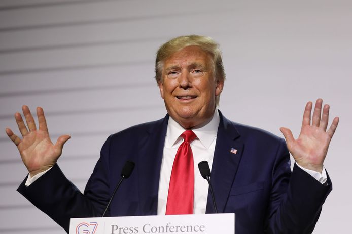 President Donald Trump tijdens een persconferentie op de G7-top.
