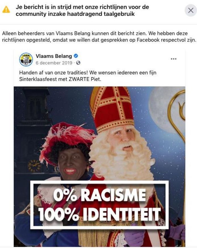 Vlaams Belang kreeg afgelopen nacht enkele waarschuwingen voor afbeeldingen van Zwarte Piet op hun Facebookpagina.