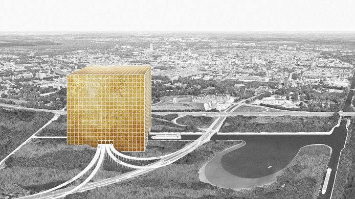 Idee: een kolossale kubus als mega-distributiecentrum, nabij knooppunt De Baars in Tilburg.