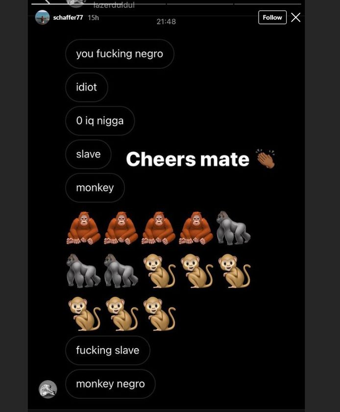 Het Instagram-bericht van Neeskens Kebano waarin hij de racistische bejegeningen aan zijn adres met de wereld deelde.