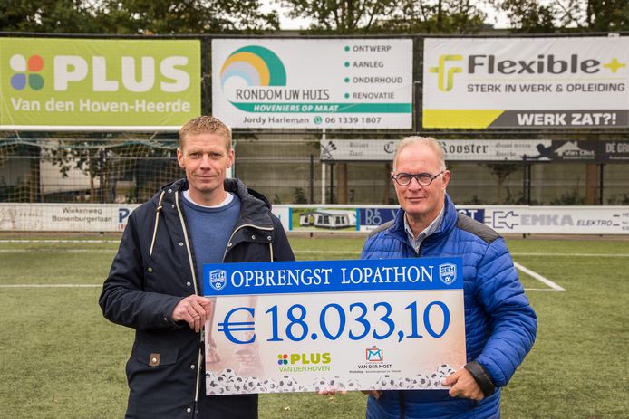 Ben Toorn (links) van de organisatie van de Lopathon en SEH-voorzitter Barend de Ruiter met de cheque waarop het eindbedrag van de actie staat.