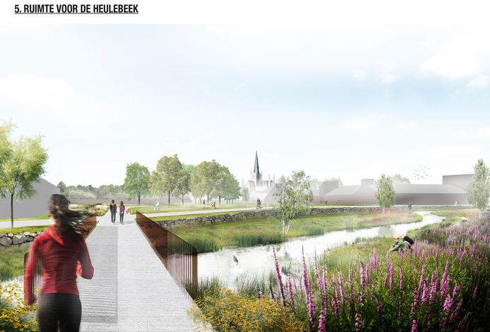 Een simulatiebeeld langs de Heulebeek. Waar de toren gaat komen, staat nog niet vast.