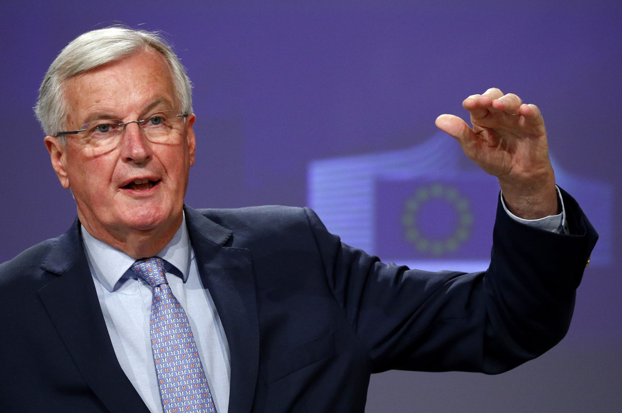 15 mei 2020: Michel Barnier, hoofdonderhandelaar namens de EU, doet verslag van het mislukken van de derde onderhandelingsronde tussen de EU en het Verenigd Koninkrijk. Beeld AFP