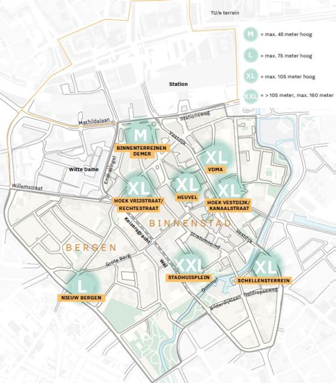 De zogenaamde focusgebieden voor hoogbouw in de binnenstad van Eindhoven.