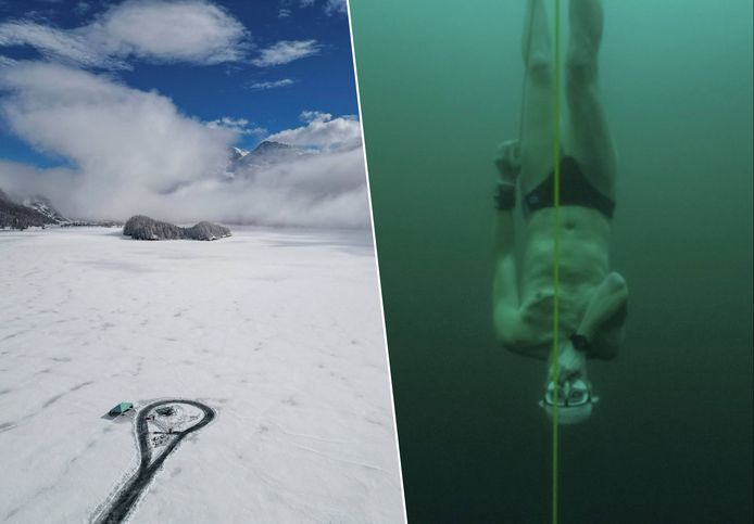 De Tsjechische free-diver David Vencl tijdens zijn duik in het Zwitserse meer.