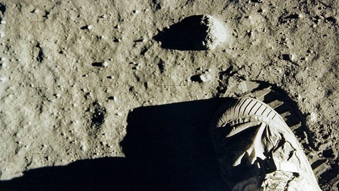 Astronaut Edwin 'Buzz' Aldrins voet op het maanoppervlak