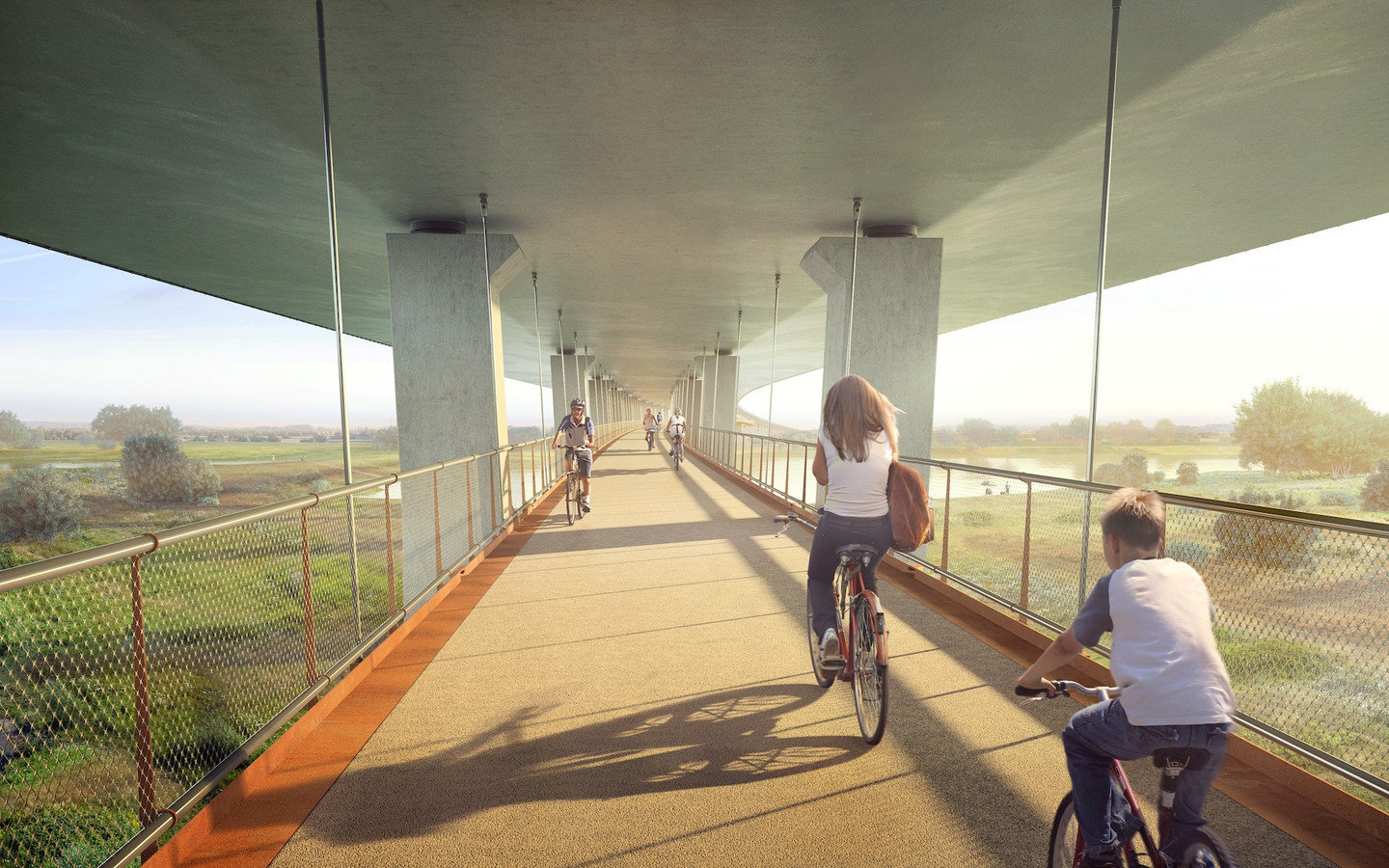 De nieuwe fiets- en wandelbrug die onder de brug over het Pannerdensch Kanaal komt te hangen.