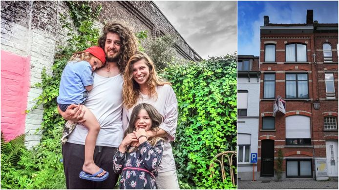 Harry en Jerina, met kinderen Fidel en Onno. Rechts het huis dat ze gekocht hebben, in de Veldstraat in Kortrijk. Archiefbeeld