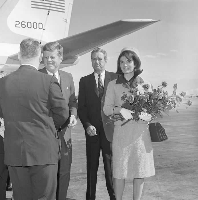 President John Kennedy at Love Field Airport in Dallas, with his wife Jackie Kennedy and Governor John Connally.