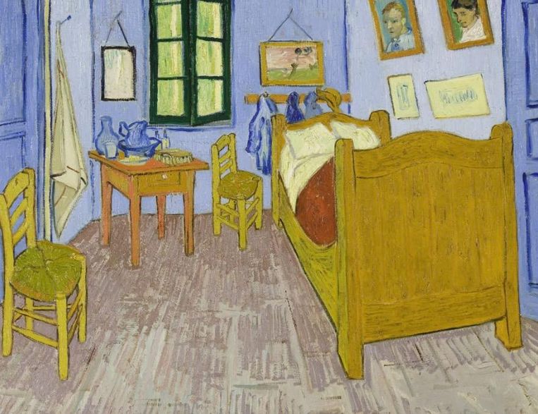 Boven: het schilderij dat Roy Lichtenstein baseerde op het schilderij De Slaapkamer van Vincent van Gogh. Beeld Vincent van Gogh, 1988