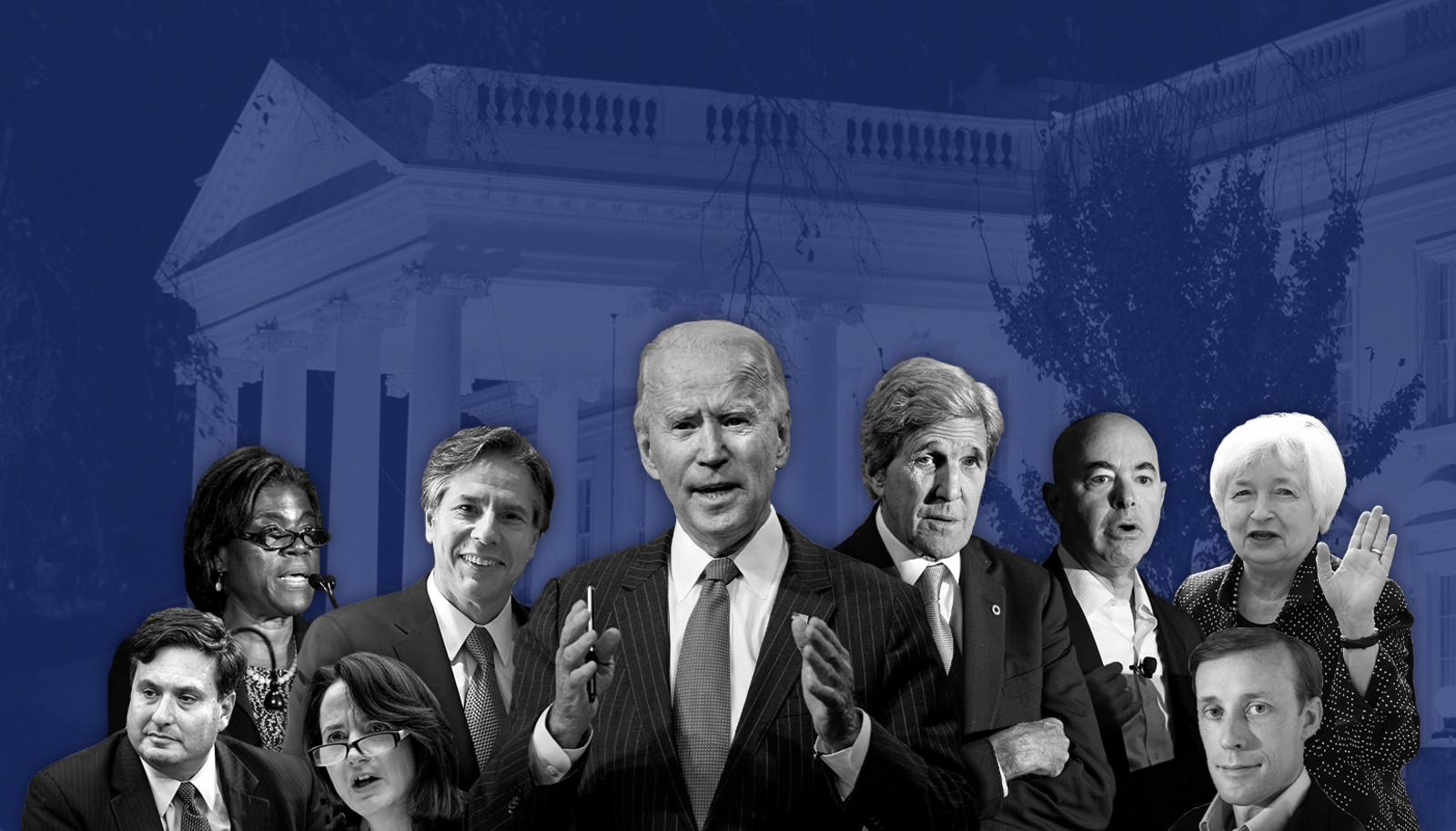 Van links naar rechts: Ron Klain (stafchef), Linda Thomas-Greenfield (ambassadeur bij de VN), Avril Haines (directeur Nationale Inlichtingendiensten), Antony Blinken (minister van Buitenlandse Zaken), Joe Biden (president), John Kerry (klimaatgezant), Alejandro Mayorkas (minister van Binnenlandse Veiligheid), Jake Sullivan (Nationaleveiligheidsadviseur) en Janet Yellen (Financiën). Beeld de Volkskrant