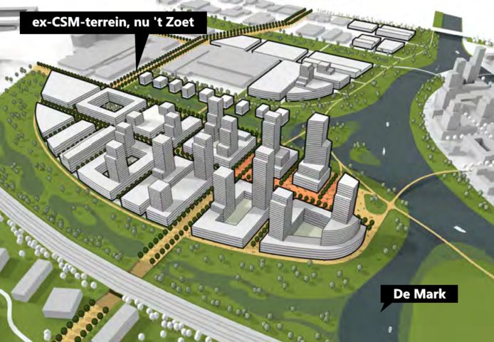 Van dit toekomstbeeld van het terrein van de voormalige CSM-suikerfabriek in Breda, worden ze bij Perfetti Van Melle erg nerveus. De snoepfabriek is linksboven gevestigd.