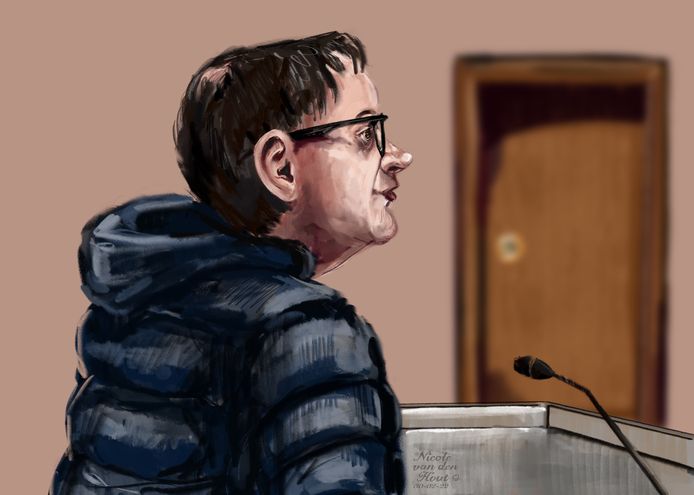 Tekening van Marco de W. uit Waddinxveen in de Haagse rechtbank.