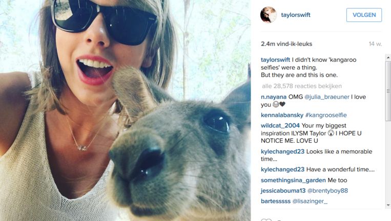 Taylor Swift met een kangoeroe. Swift is één van de Instagramgebruikers met de meeste volgers ter wereld. Beeld  