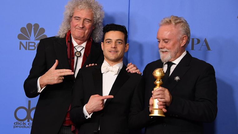Queengitarist Brian May, acteur Rami Malek en Queendrummer Roger Taylor Beeld anp