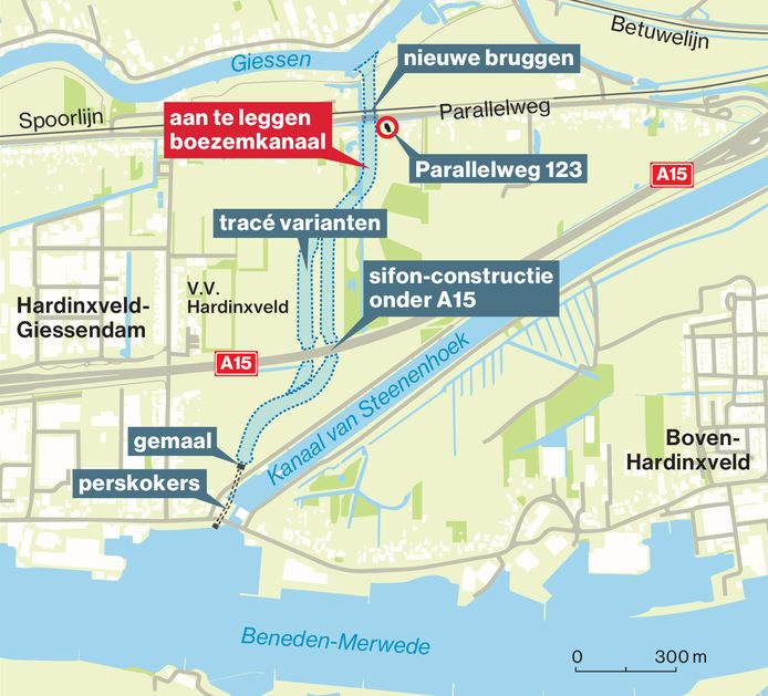 Het nieuwe afwateringskanaal komt tussen de Giessen en de Beneden Merwede te liggen en 'kruist' het spoor, de Parallelweg en de A15.