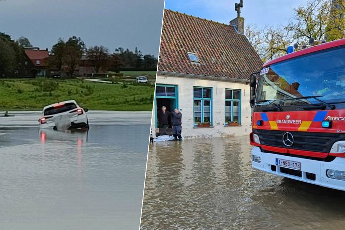 Twee automobilistes lieten zich verrassen op de overstroomde Kapellestraat in Watou. / Brandweer Westhoek moest om sommige plaatsen zoals hier in Proven zandzakken gaan leggen om te verhinderen dat het water in de huizen binnenliep.