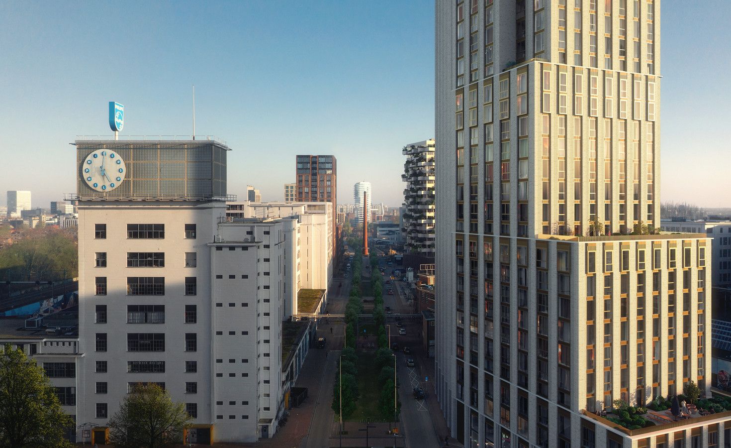 De woontoren Niko tegenover het Klokgebouw op Strijp-S in Eindhoven. De verspringende hoogtes zijn afgestemd op de gebouwen in de omgeving. Met 109 meter wordt dit de hoogste toren van Eindhoven. Voorlopig.