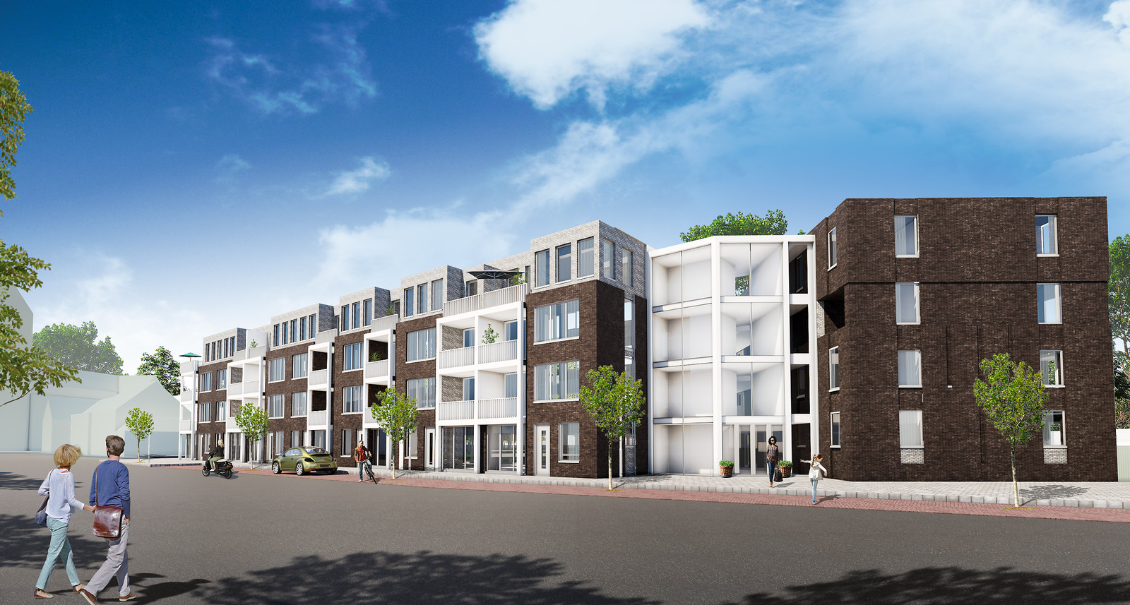Bouwplan Voorstadhalte. Een impressie van de 40 sociale huurappartementen van Woningstichting Compaen, gezien vanaf de Hoofdstraat in Helmond/Mierlo-Hout.