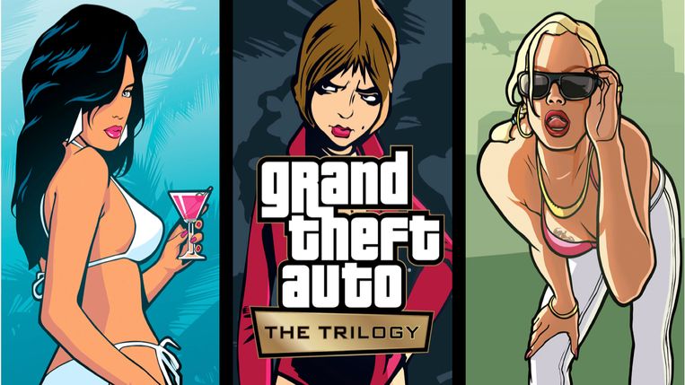 Cover van 'Grand Theft Auto: The Trilogy', waarin 'Grand Theft Auto III', 'Vice City' en 'San Andreas' een comeback maken op moderne consoles. Beeld Rockstar Games