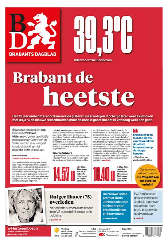 Deze voorpagina stond in het teken van de warmst gemeten temperatuur ooit in Brabant.