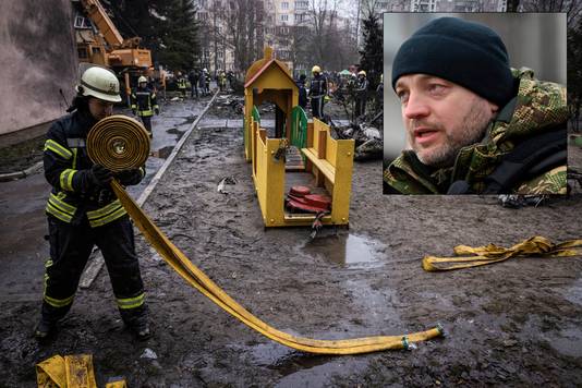 Emergency services at the kindergarten in Kiev where the helicopter crashed.  Inset: Minister of the Interior Denis Monastirski.