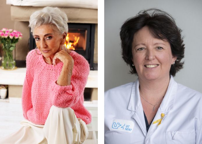 Links: Martine Jonckheere, die na zestien jaar weer borstkanker heeft. Rechts: oncologe Hannelore Denys (UZ Gent).