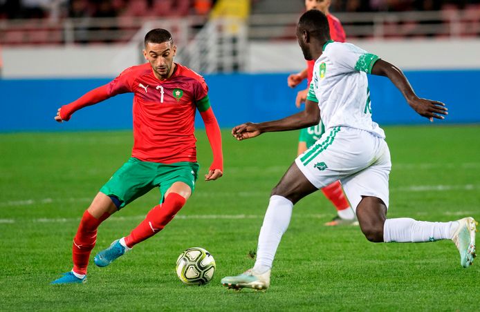 Hakim Ziyech in actie namens Marokko tegen Mauritanie op 15 november 2019.