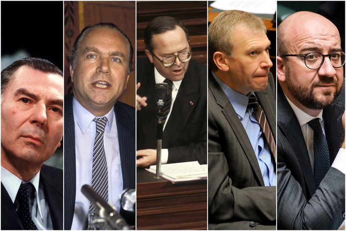 Ook zij boden al het ontslag van hun regering aan: vlnr. Leo Tindemans, Mark Eyskens, Wilfried Martens, Yves Leterme en Charles Michel.