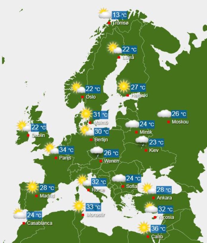 De temperaturen in Europa op donderdag 26 juli 2018