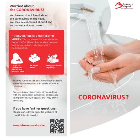 Deze folder verspreidt de luchthaven van Zaventem om reizigers informatie te geven over het coronavirus.