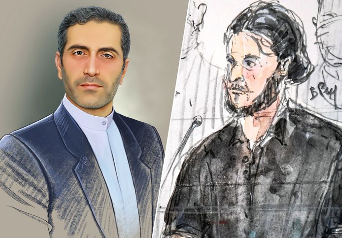 Een tekening die op Twitter verscheen van de Iraanse terrorist Assadollah Asadi (links) en een rechtbanktekening van IS'er Salah Abdeslam.