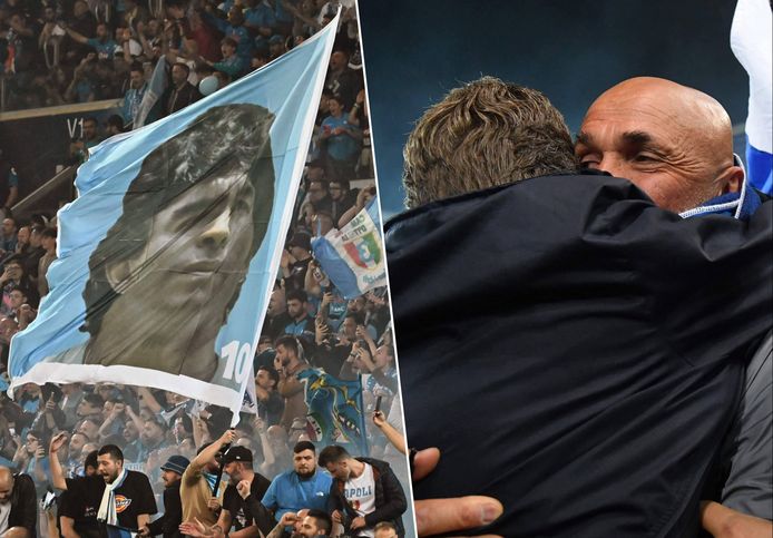 Links: Napoli-fans brachten uiteraard een Maradona-vlag mee.
Rechts: Spalletti viert de titel intens.