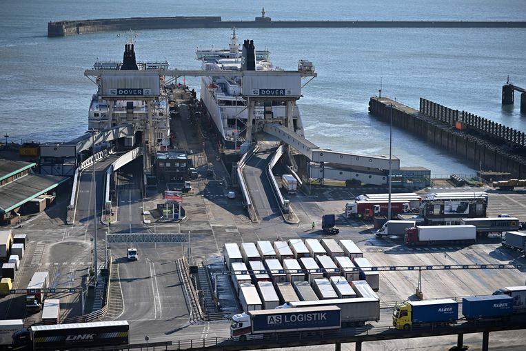 De haven van Dover in het zuidoosten van Engeland. Het vrachtverkeer tussen Dover en Calais is afgelopen maand met eenderde afgenomen. Beeld AFP