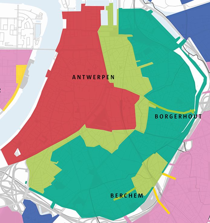 De verschillende parkeerzones in de stad Antwerpen. De tarieven worden fors geïndexeerd. Daarnaast zijn er wijzigingen in de lichtgroene en donkergroene zone tussen de Leien en de Singel.