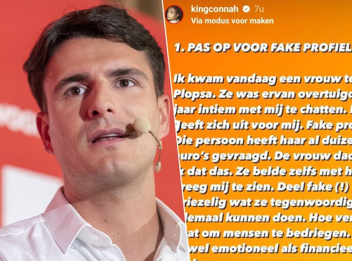 Vooruit-voorzitter Conner Rousseau en het bericht dat hij zondag op Instagram plaatste.