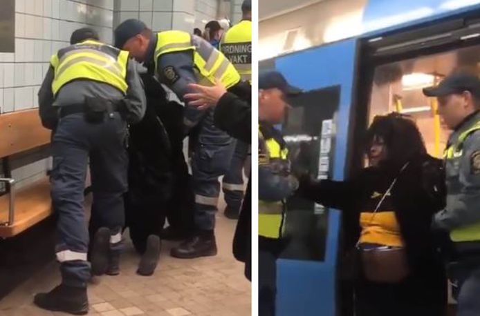 Het filmpje toont hoe enkele veiligheidsagenten een hoogzwangere Zweedse vrouw tamelijk hardhandig uit de metro sleuren.