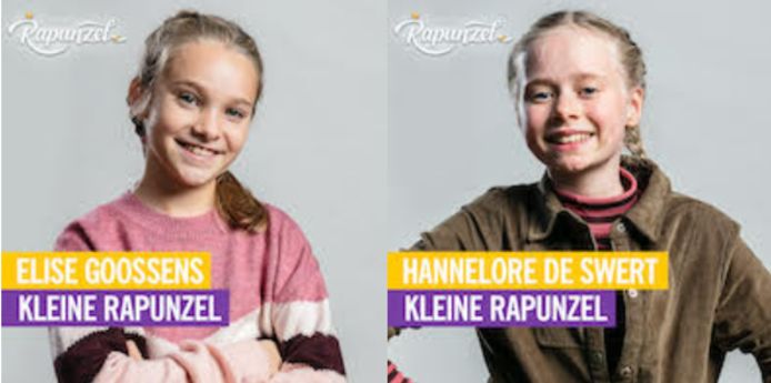 Elise Goossens (11, Ranst) en Hannelore De Swert (12, Grimbergen) spelen kinderhoofdrol ‘kleine Rapunzel’.