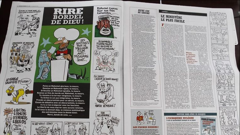 Illustratie van het Franse magazine Charlie Hebdo, dat gisteren de Mohammed-spotprenten publiceerde Beeld PHOTO_NEWS